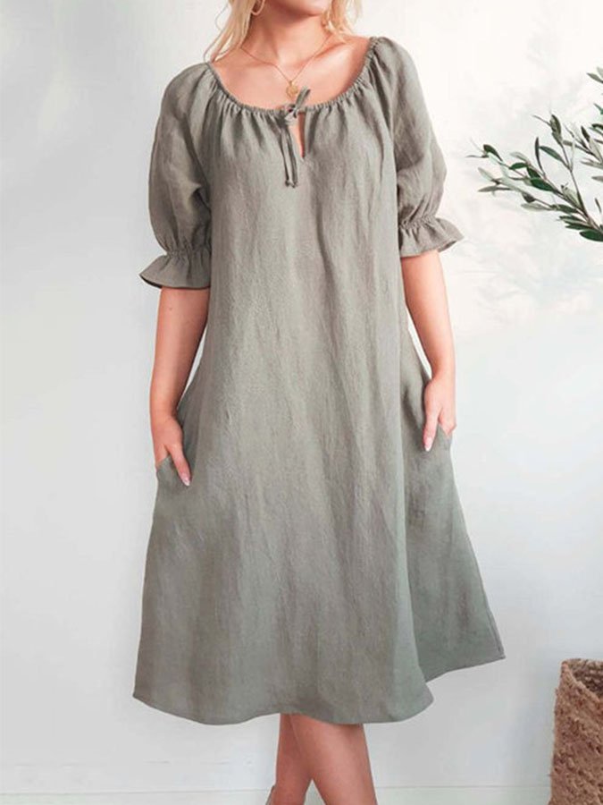 Cotton And Linen Lace-Up V-Neck Dress-colinskeirs