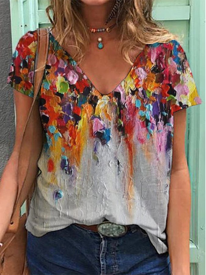 Women's Color Oil Painting V-Neck Casual T-Shirt-colinskeirs