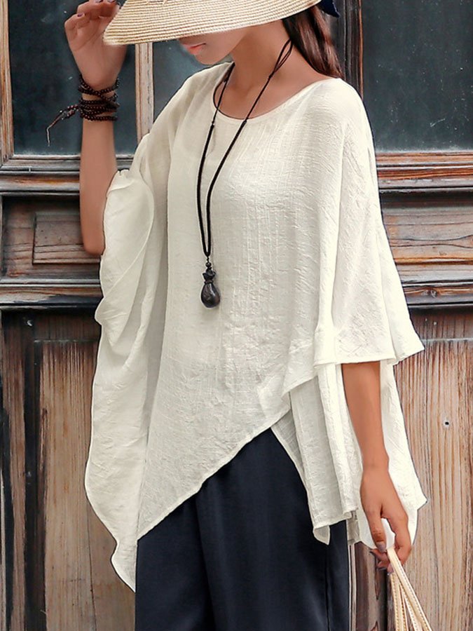 Irregular Cotton And Linen Solid Color Pullover