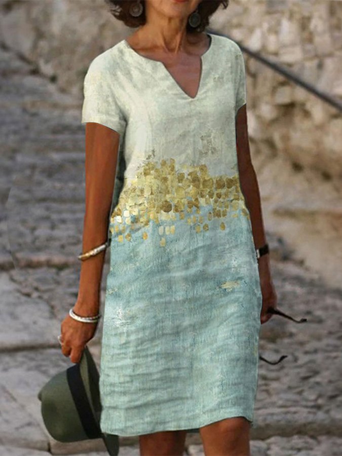 women's bronzing cotton linen v-neck dress-colinskeirs