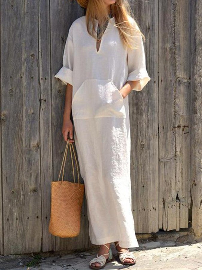 Women's Cotton Linen Casual Slit Pocket Dress-colinskeirs