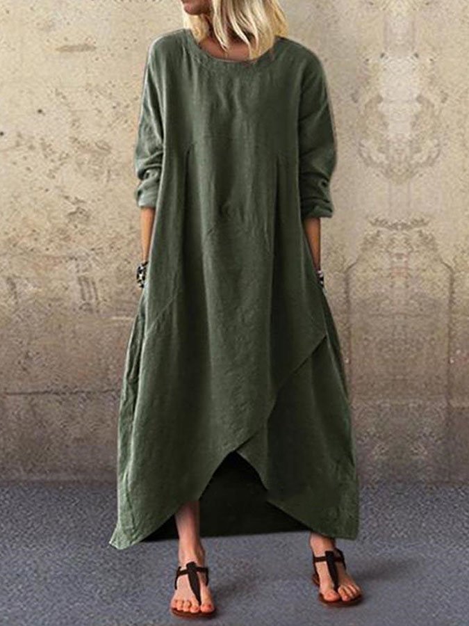Solid Color Cotton And Linen Dress-colinskeirs