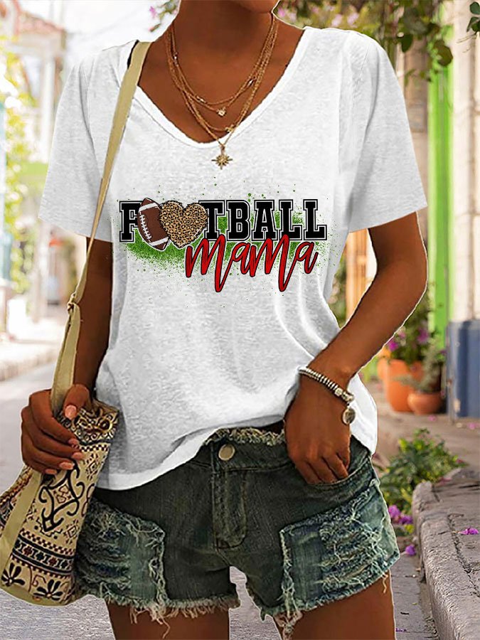 Women&#039;s &quot;Football Mama&quot; Print V Neck T-shirt-colinskeirs