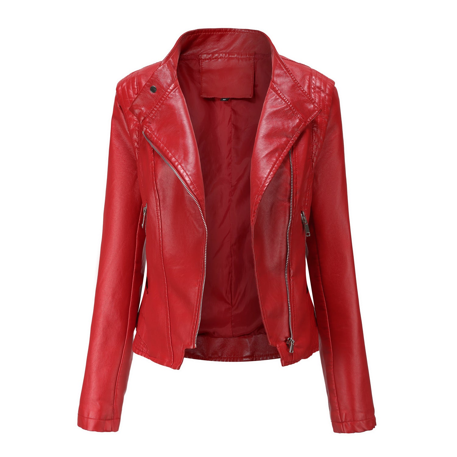 Lapel Ladies Slim Fit PU Leather Jacket