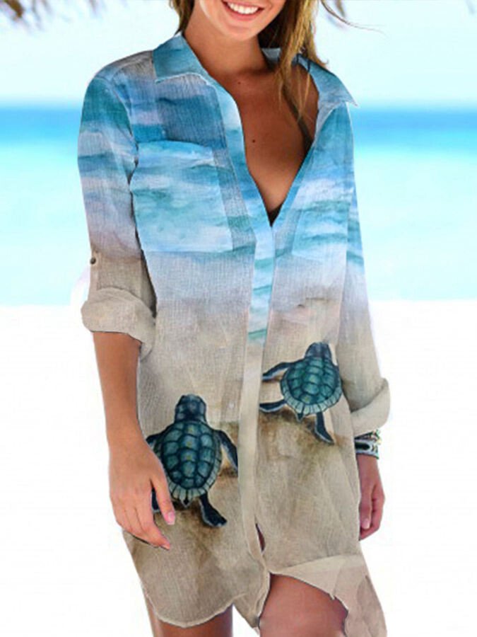 Women's Beach Turtle Print Long Shirt-colinskeirs