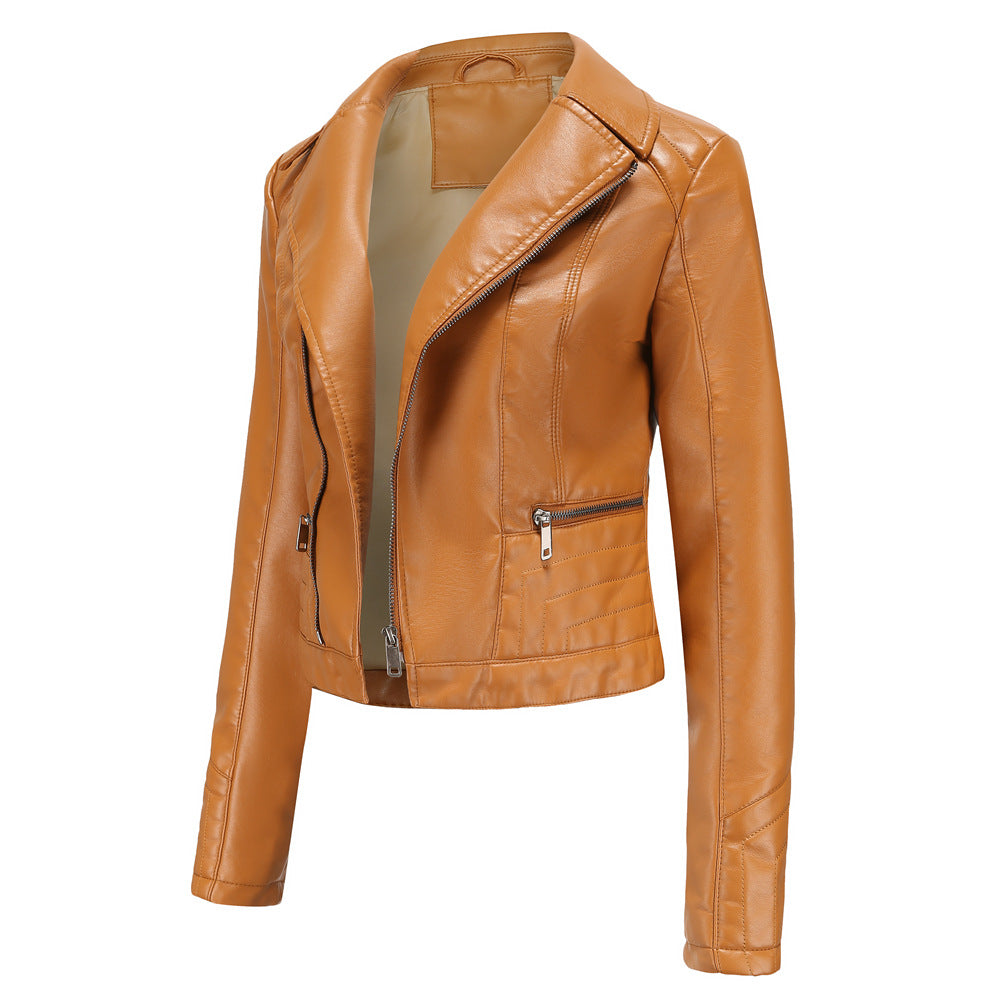 Lapel Washed PU Leather Jacket-colinskeirs