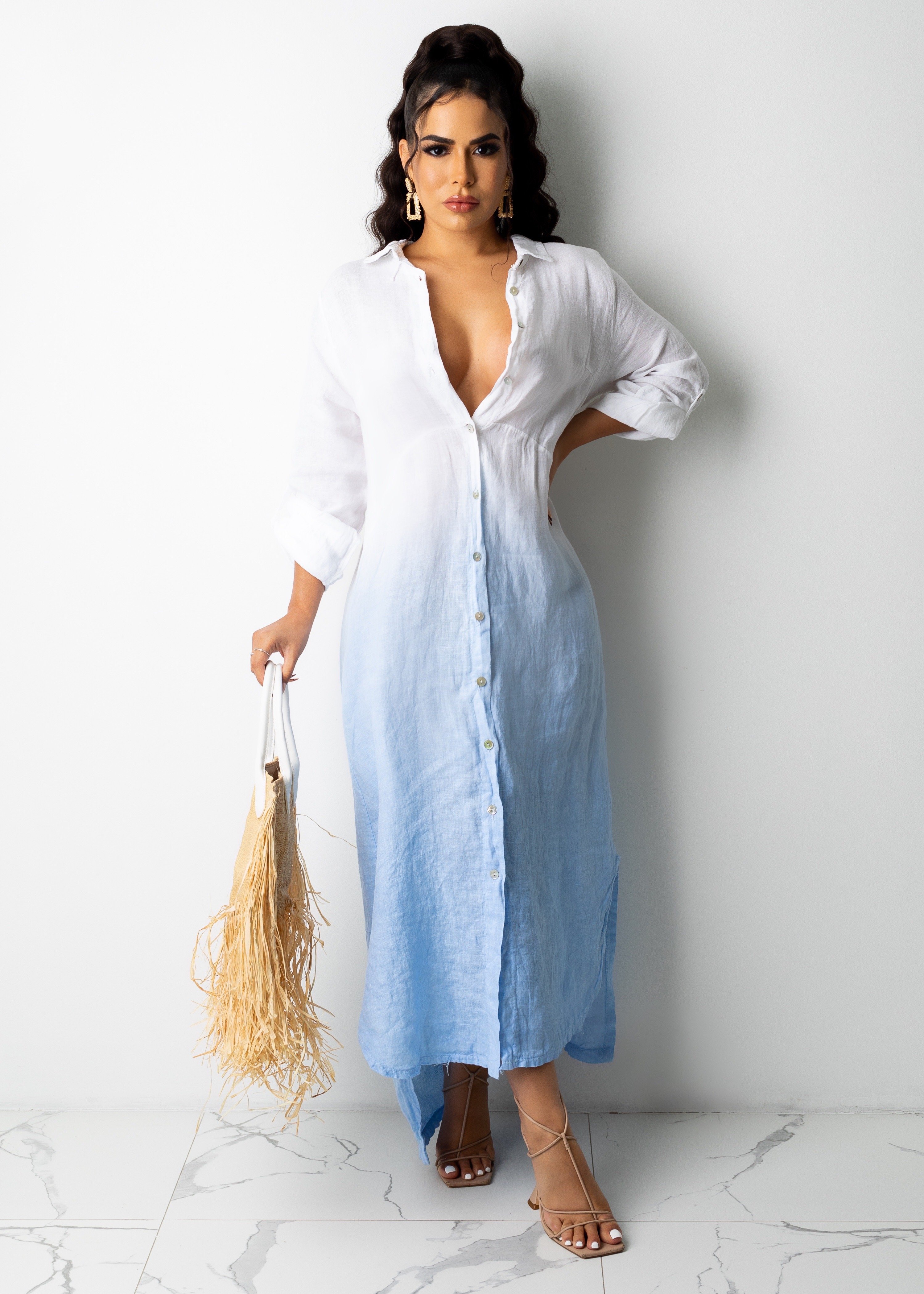 Casual solid color loose shirt dress-colinskeirs