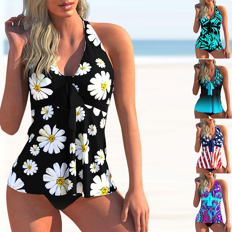 Sexy Swimwear Summer Women Plus Size Tankini Sets Floral Print Backless Halter Two Pieces Swimsuit Beachwear Swimdress Sets-colinskeirs