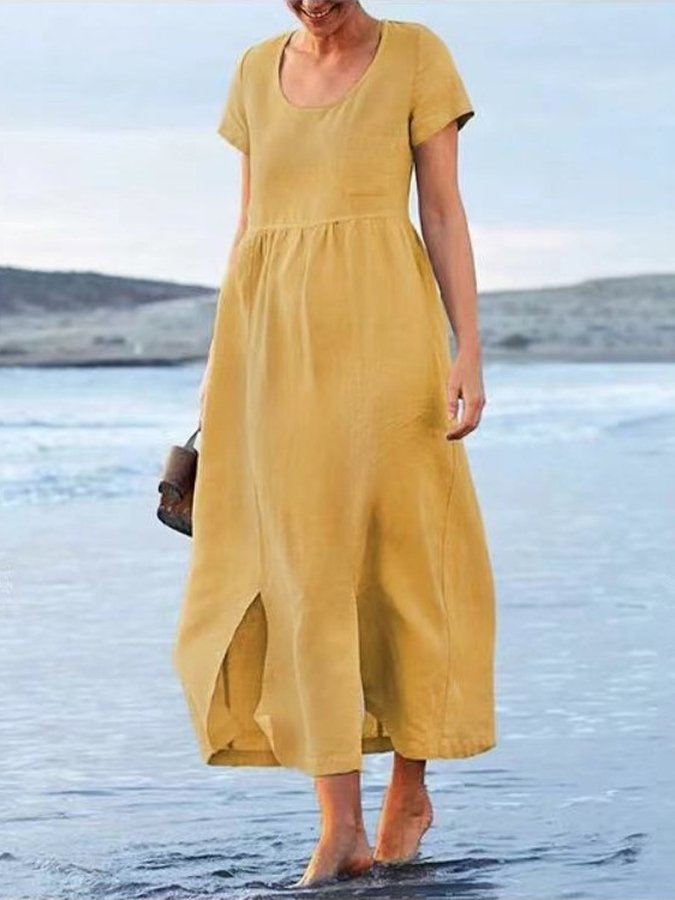 Women's Cotton Linen Round Neck Short Sleeve Pocket Irregular Hem Medium Length  Dress-colinskeirs