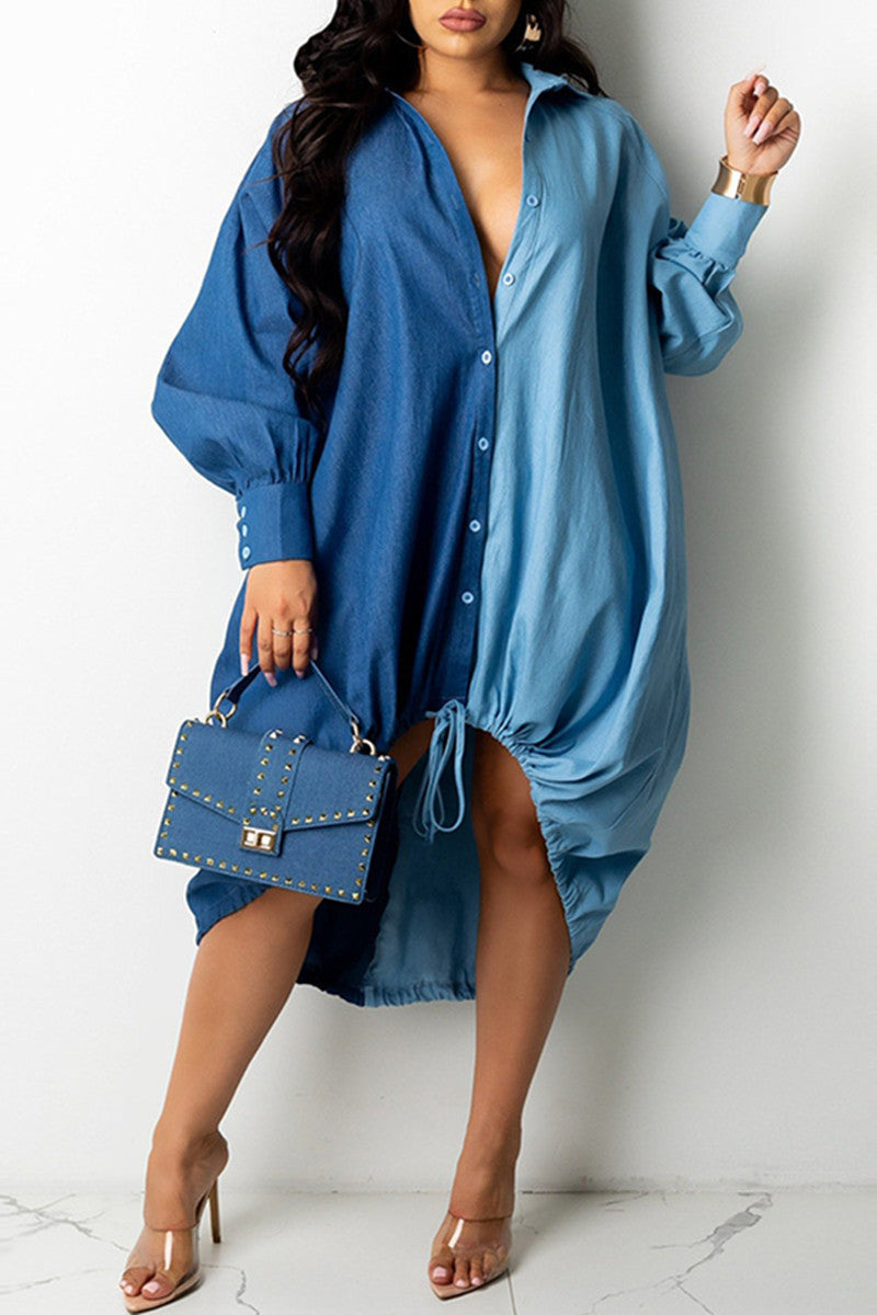 Casual Patchwork Basic Turndown Collar Long Sleeve Dresses-colinskeirs