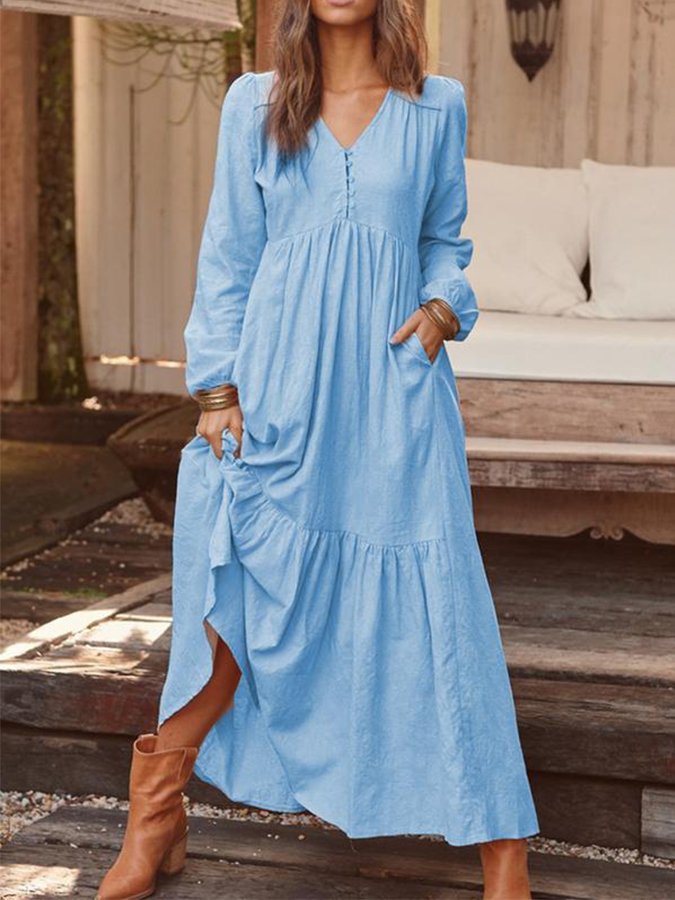 Women's Vintage Cotton Linen Long Sleeve Dress-colinskeirs