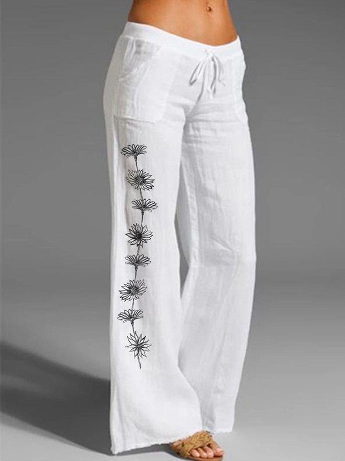 Women's Artistic Floral Print Cotton Linen Wide Leg Pants Casual Trousers-colinskeirs