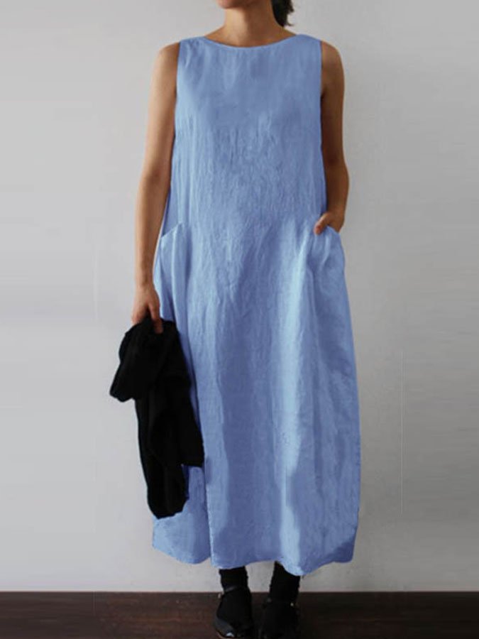 Solid Color Sleeveless Cotton And Linen Dress-colinskeirs