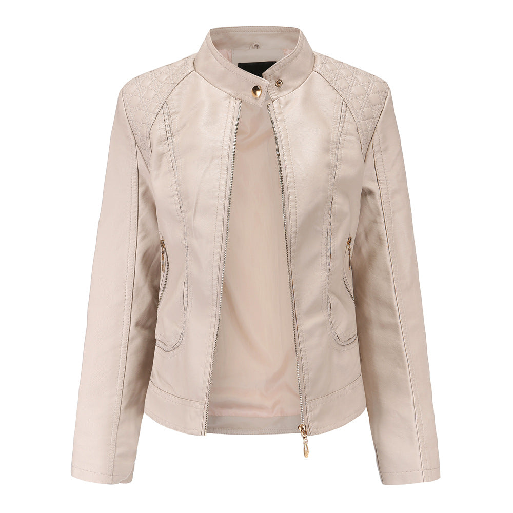 Plaid Decoration Washed PU Leather Jacket-colinskeirs