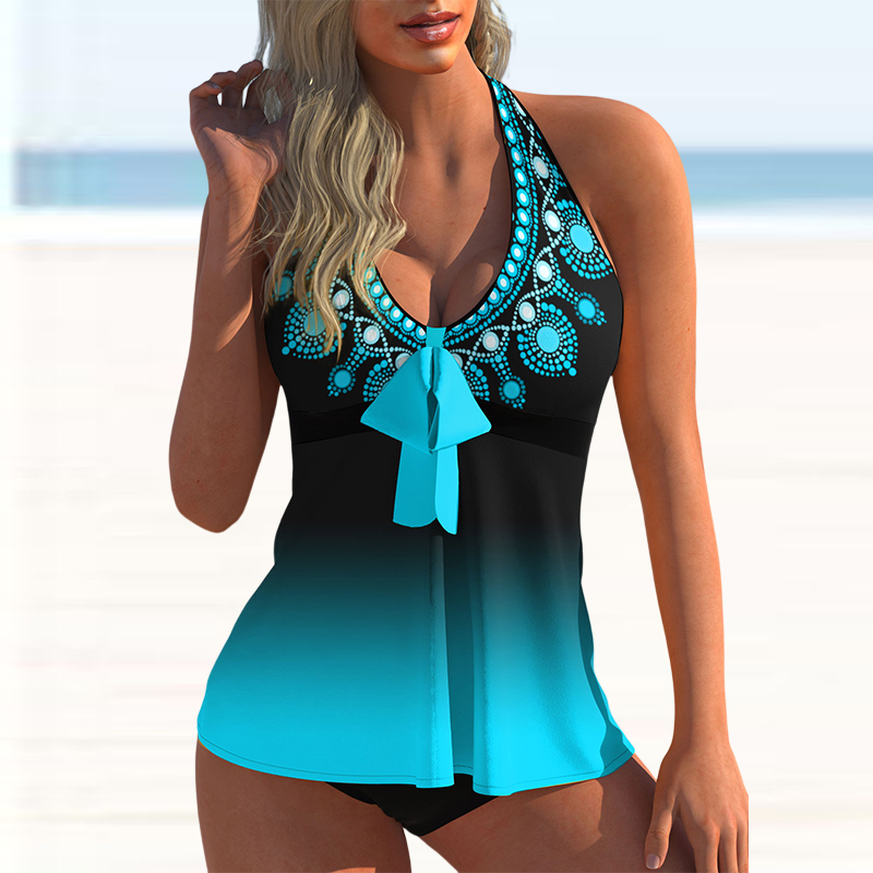 Sexy Swimwear Summer Women Plus Size Tankini Sets Floral Print Backless Halter Two Pieces Swimsuit Beachwear Swimdress Sets-colinskeirs