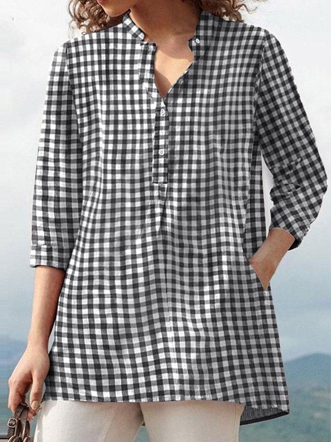 Women's Casual 3/4 Sleeve Check Shirt-colinskeirs