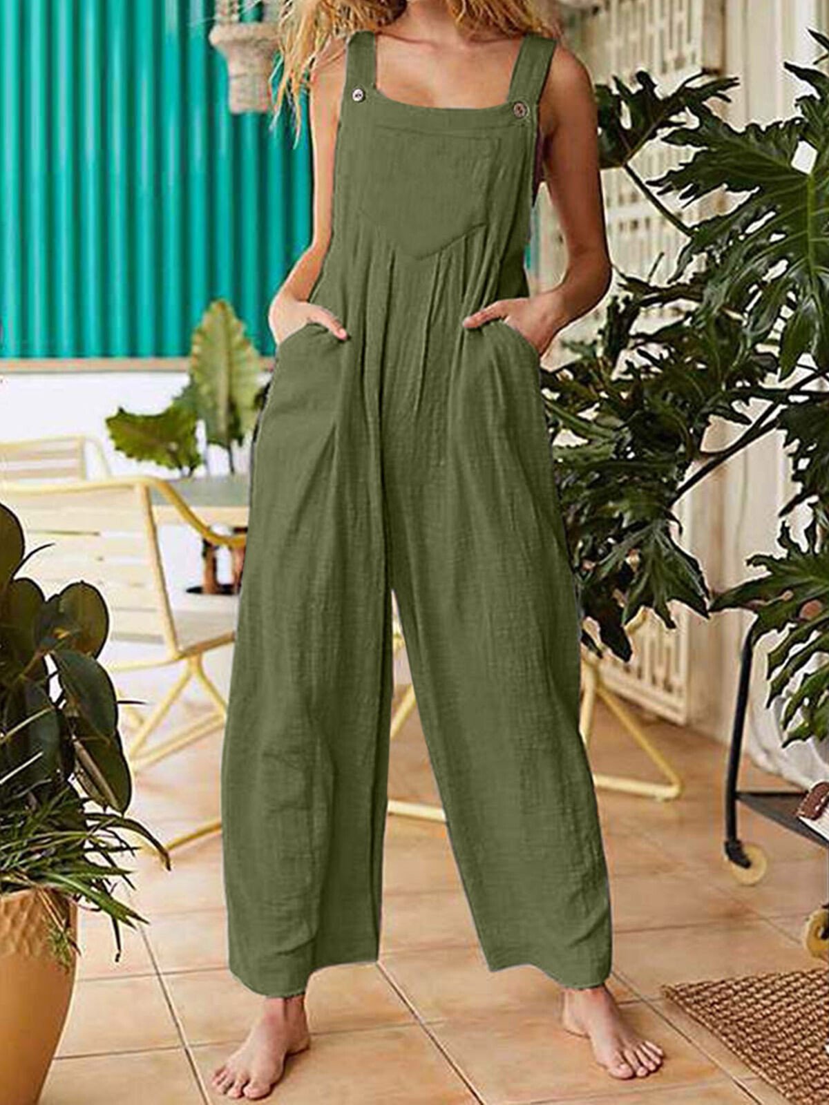 Women's Pure Color Casual Cotton Overalls-colinskeirs