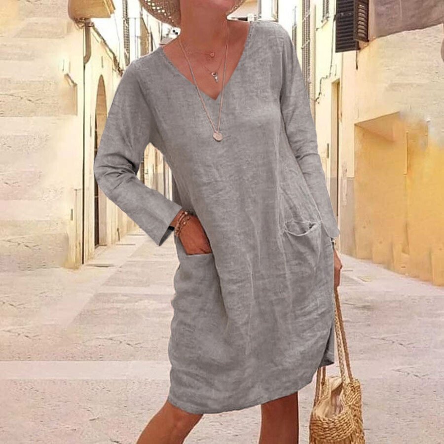 Pure Color Casual Cotton And Linen V-neck Dress-colinskeirs