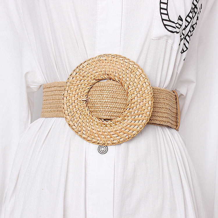 Handmade Woven Belt Big Ring Pin Buckle Straw Woven Elastic Waistband-colinskeirs