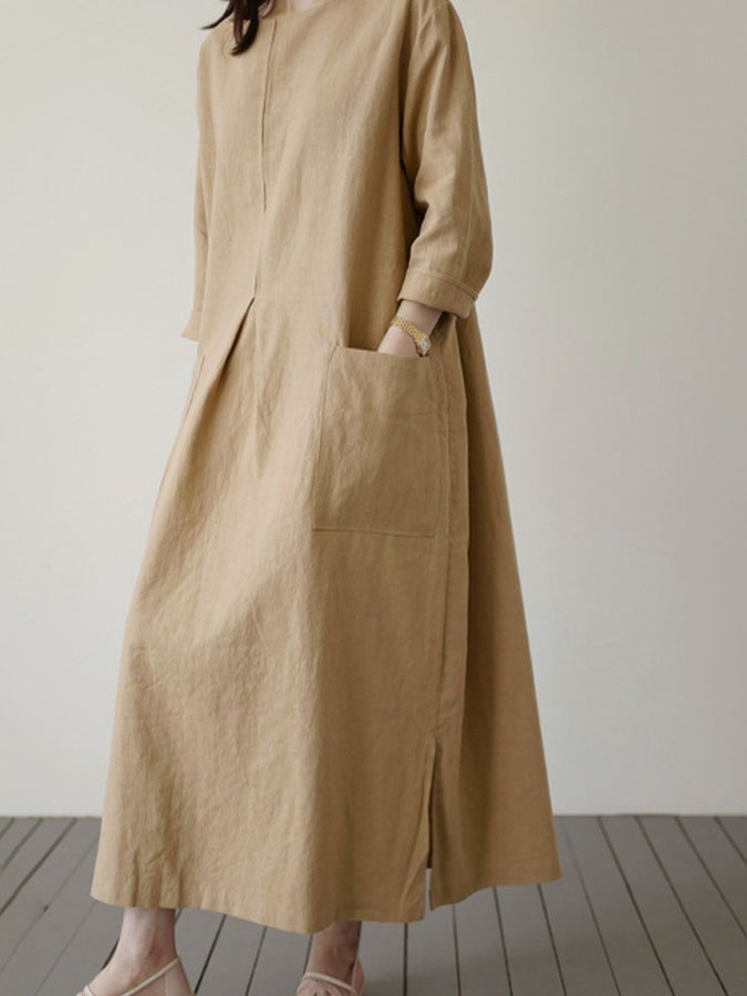 Cotton and Linen Long Sleeve Round Neck Swing Dress-colinskeirs