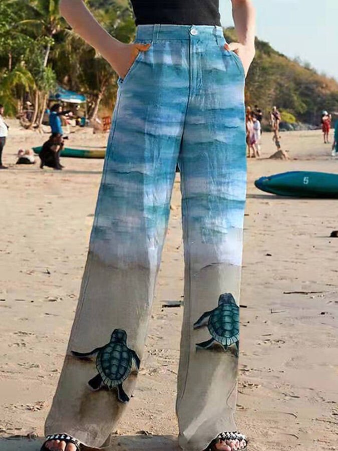 Women's Turtle Printed Cotton Hemp Beach Pants-colinskeirs
