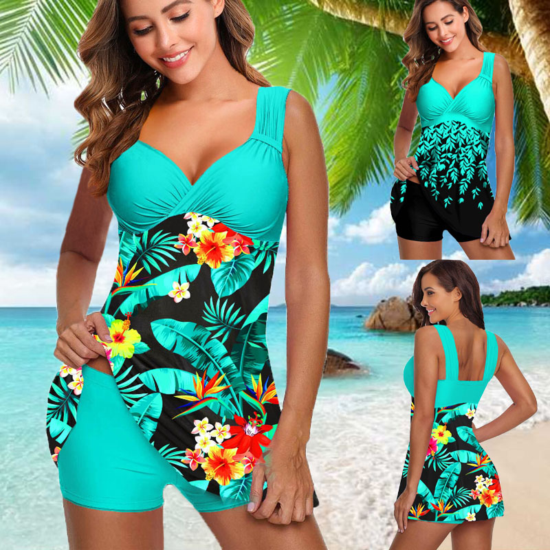Plus Size Two Pieces Swimsuits Swimwear Women Flower Print Summer Large Bathing Suits Tankini Beachwear Sexy Bikini Swimdress-colinskeirs