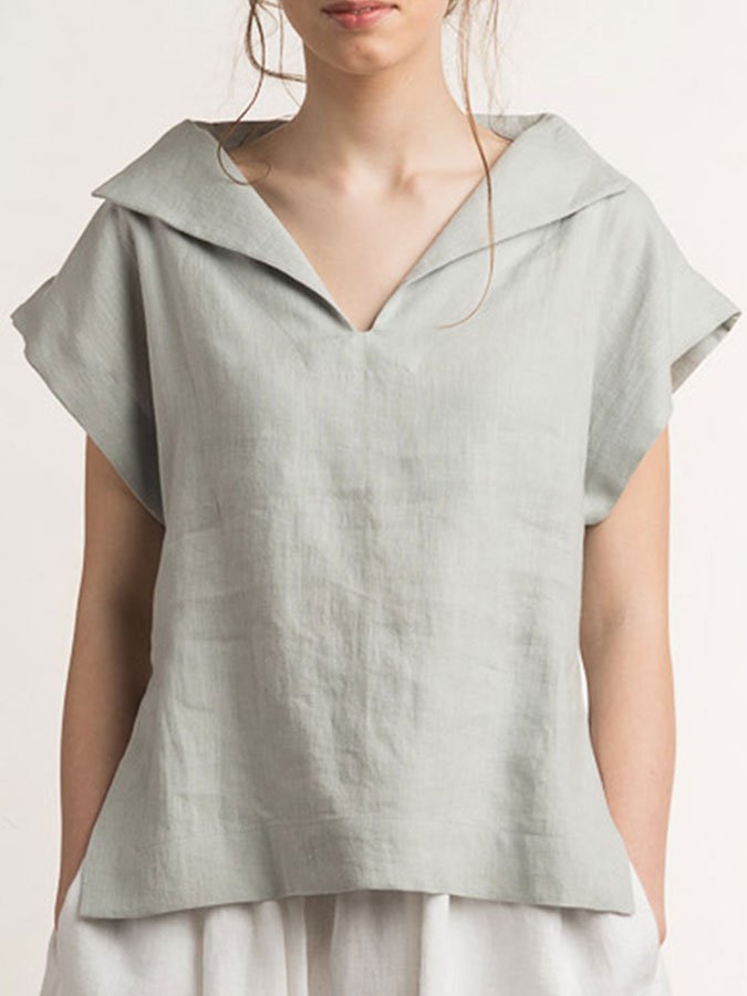 Solid Color Lapel Cotton And Linen T-Shirt-colinskeirs