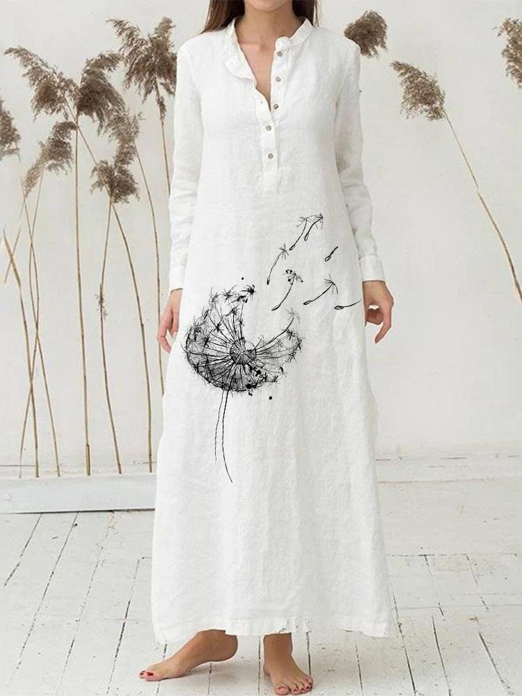 White Floral Print V Neck Long Sleeve Dress