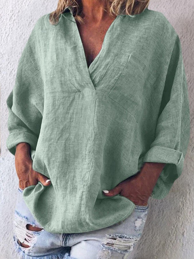 Solid Color V-Neck Long Sleeve Shirt-colinskeirs