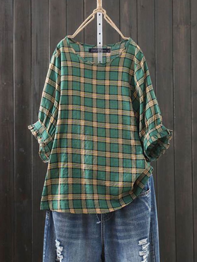 Ladies cotton and linen plaid print casual shirt-colinskeirs
