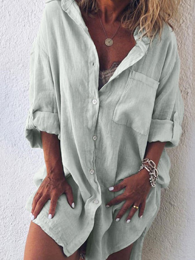 Ladies Cotton Linen Casual Loose Pocket Shirt-colinskeirs