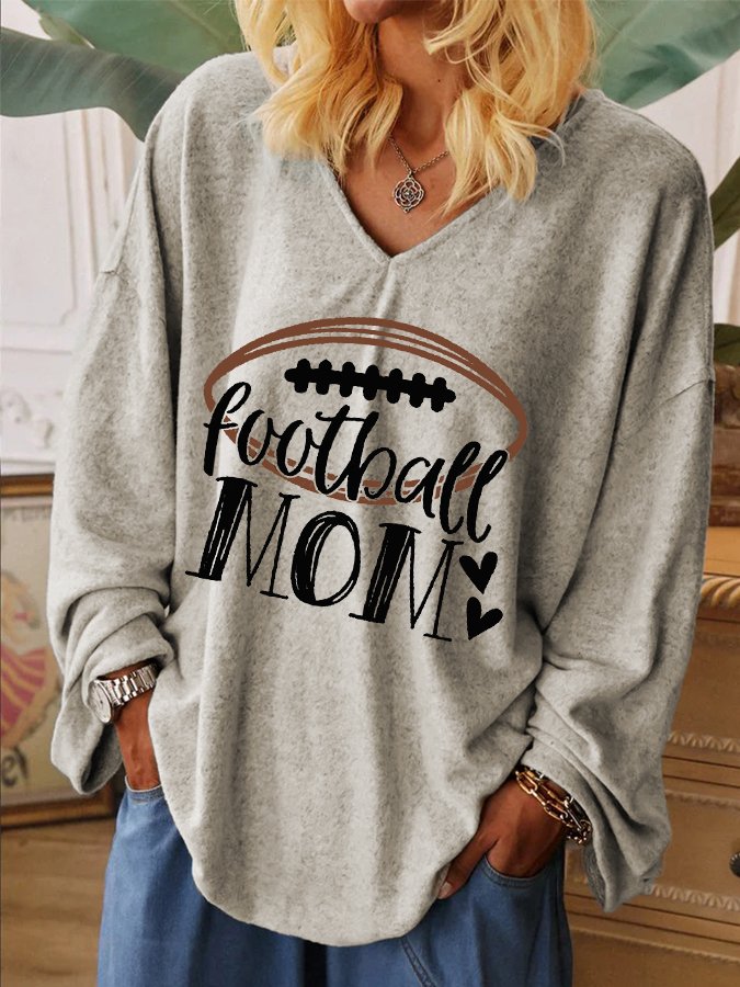 Women&#039;s Football Mom Love Print V-Neck Long Sleeve T-Shirt-colinskeirs
