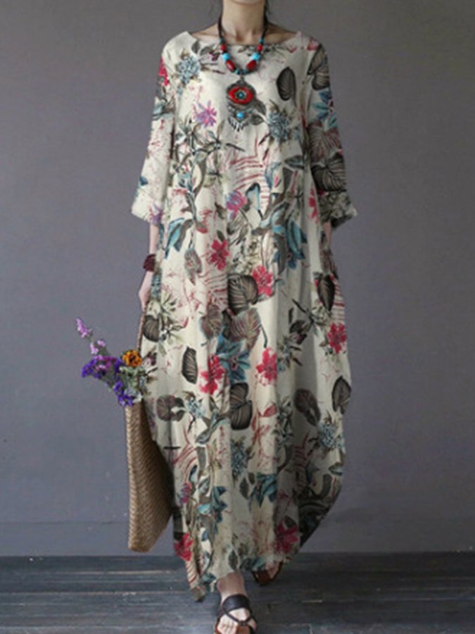 Women's Floral Print Casual Loose Comfortable Cotton Linen Long Dress-colinskeirs