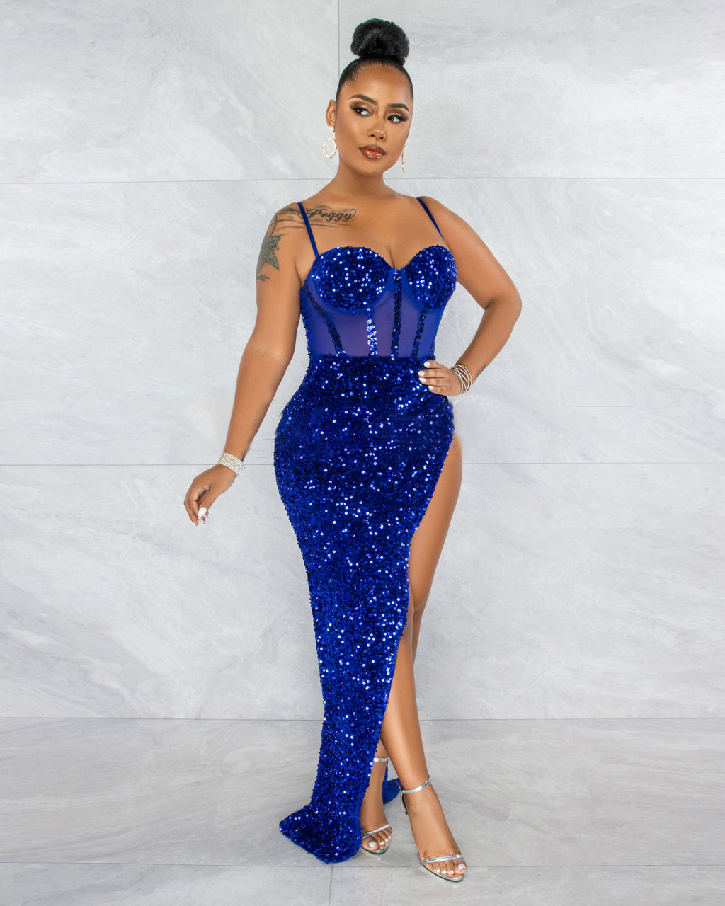 MELISIA MESH SEQUINS VELVET MAXI BODYSUIT DRESS