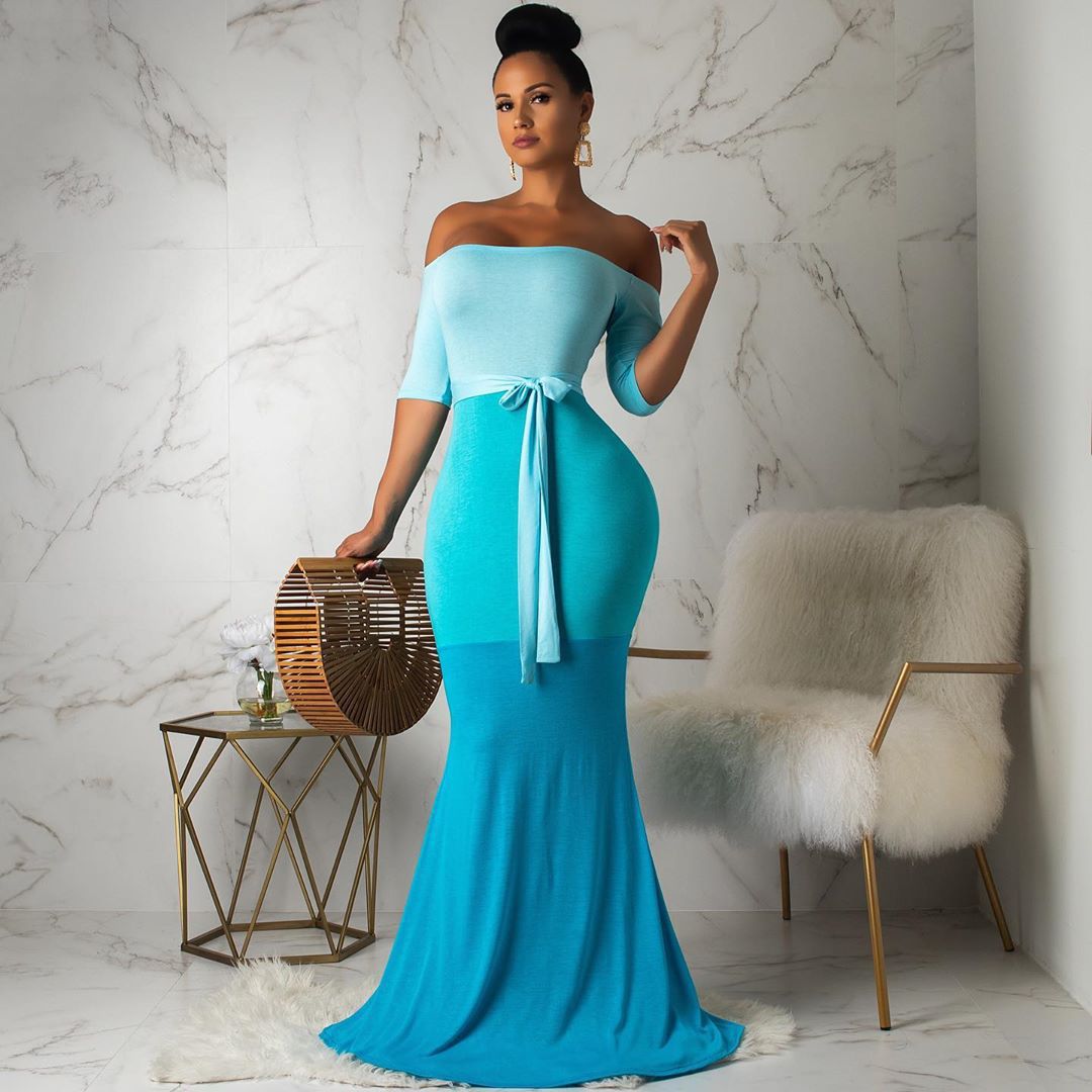 Sexy Hanging Shoulder Three-color Maxi Dress-colinskeirs