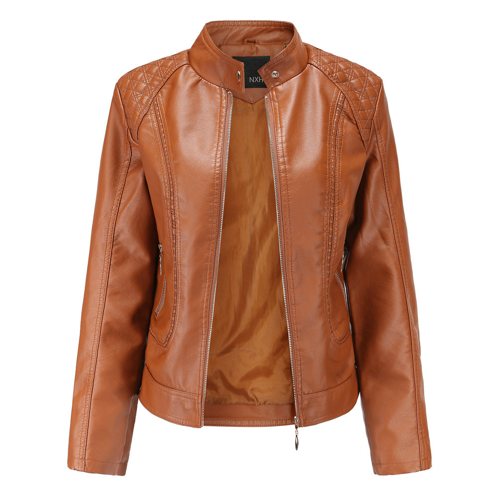 Plaid Decoration Washed PU Leather Jacket-colinskeirs