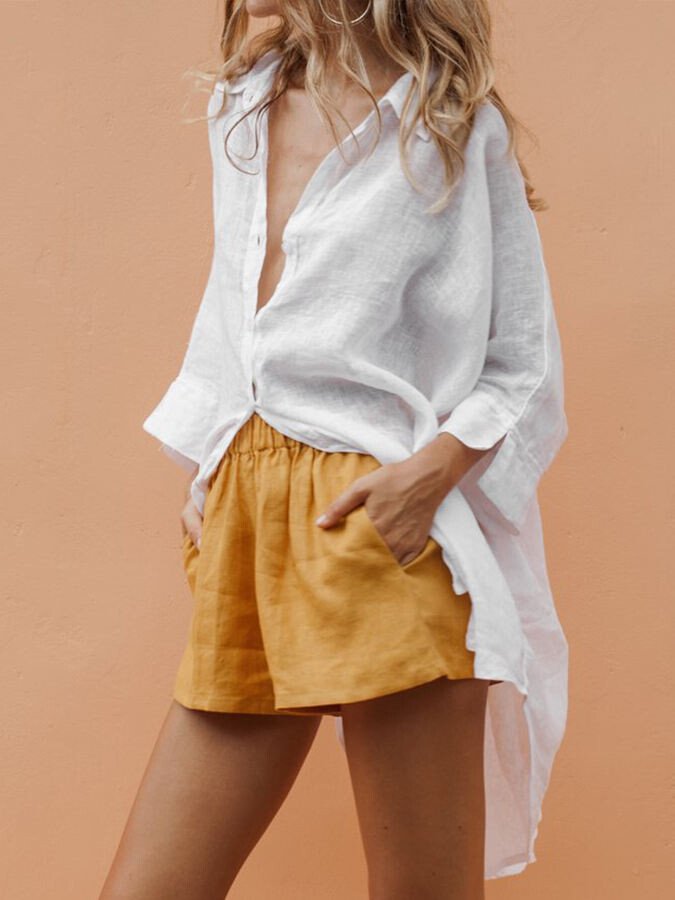 Ladies Cotton Linen Solid Color Front Short Back Long Casual Shirt-colinskeirs