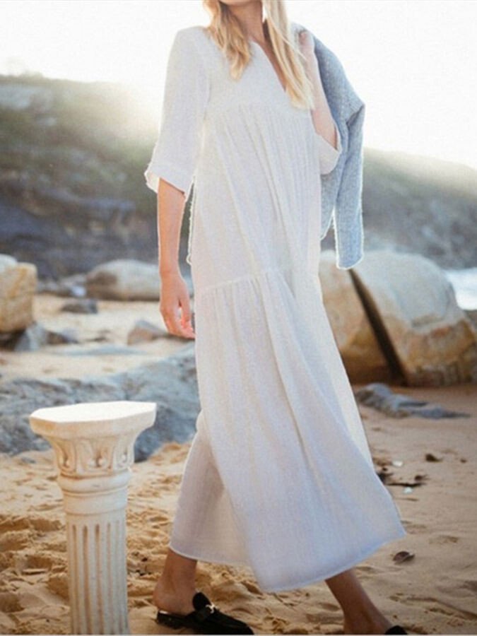 Women's V-neck Pleated Long Cotton Linen Dress-colinskeirs