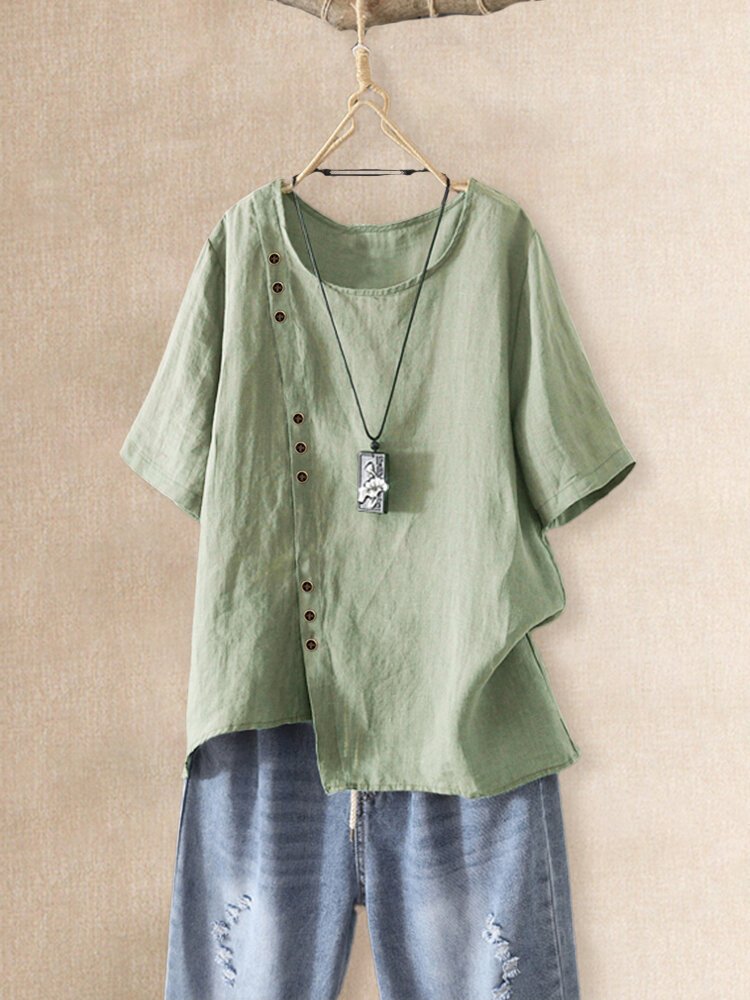 Women's Vintage Solid Color Irregular Hem Button Cotton Linen Shirt-colinskeirs