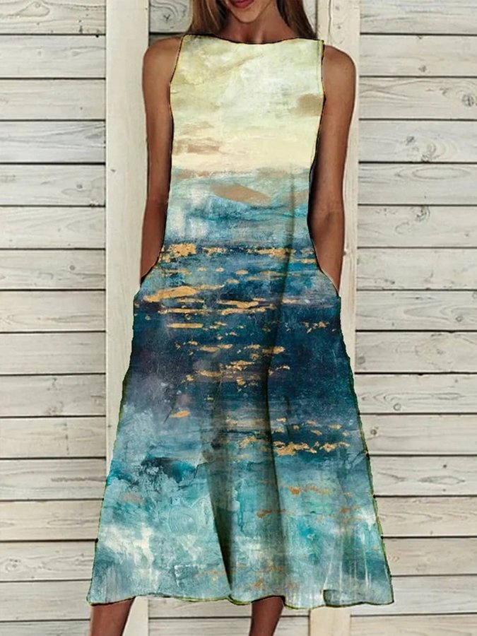 Women's Oil Painting Print Elegant Dress-colinskeirs