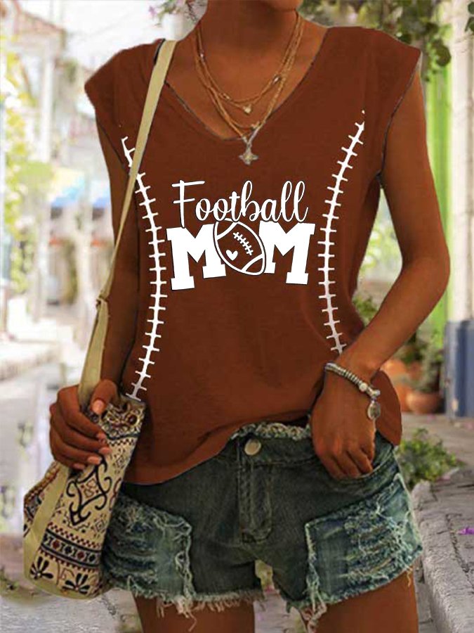 Women&#039;s Football Mom American Football Print V-Neck Sleeveless T-Shirt-colinskeirs