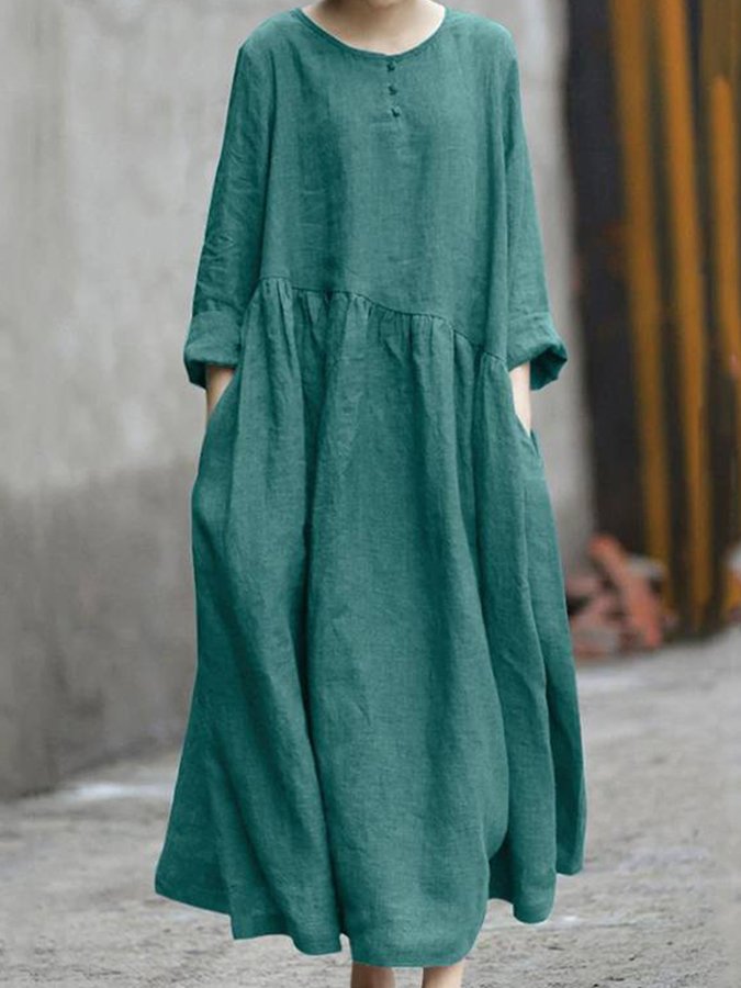Ladies Cotton Linen Irregular Piece Round Neck Pocket Long Sleeve Dress-colinskeirs