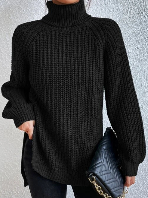 Cotton Turtleneck Raglan Sleeve Split Hem Sweater-colinskeirs