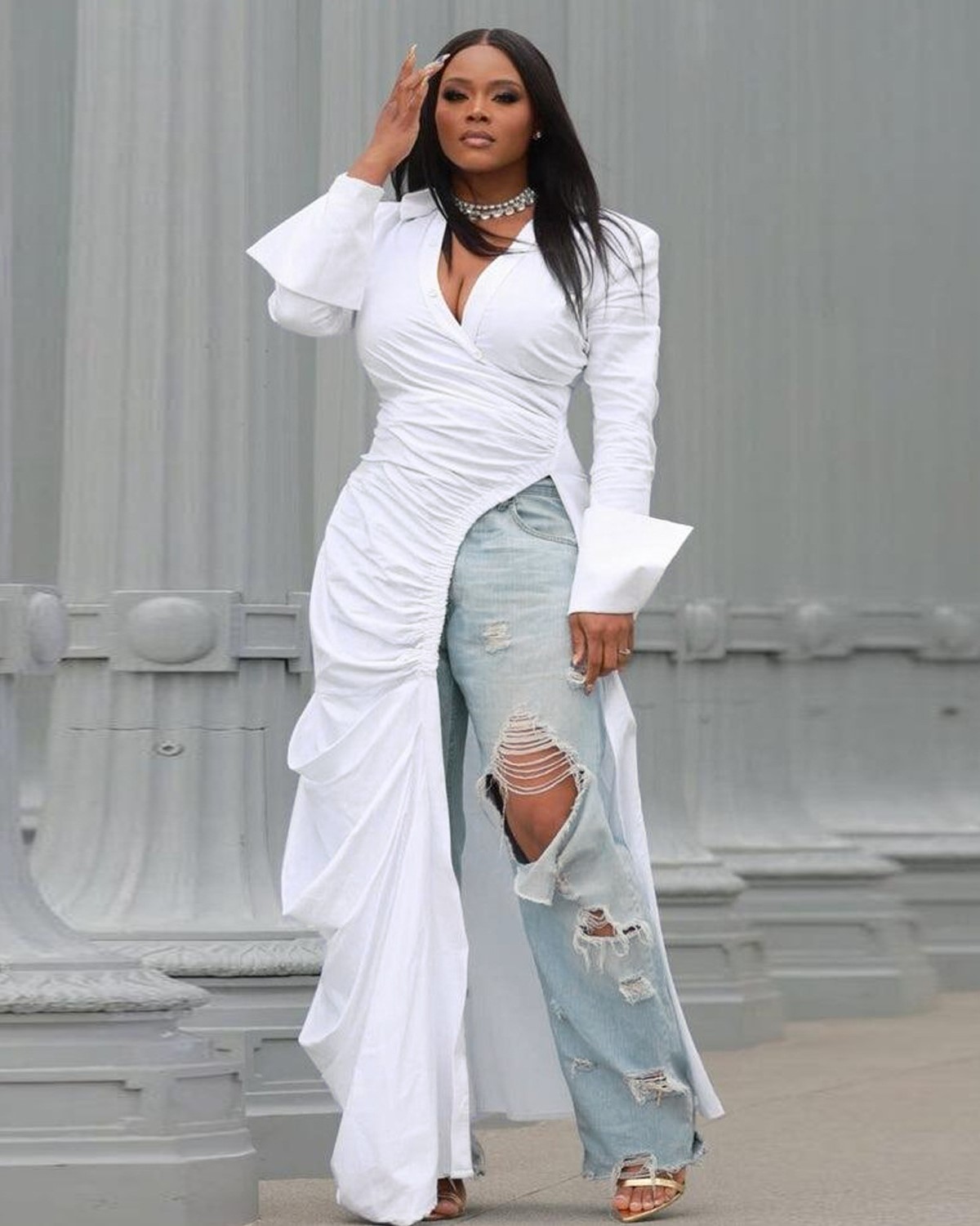 Deep V Neck High Slit Ruched Gown Maxi Dresses-colinskeirs