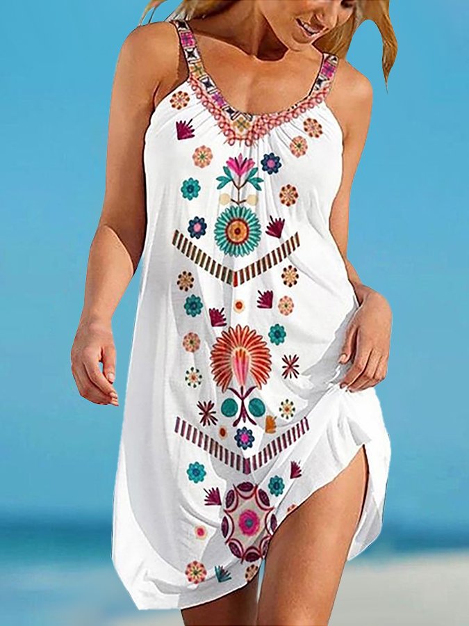 Ethnic Print Loose Strap Beach Dress-colinskeirs