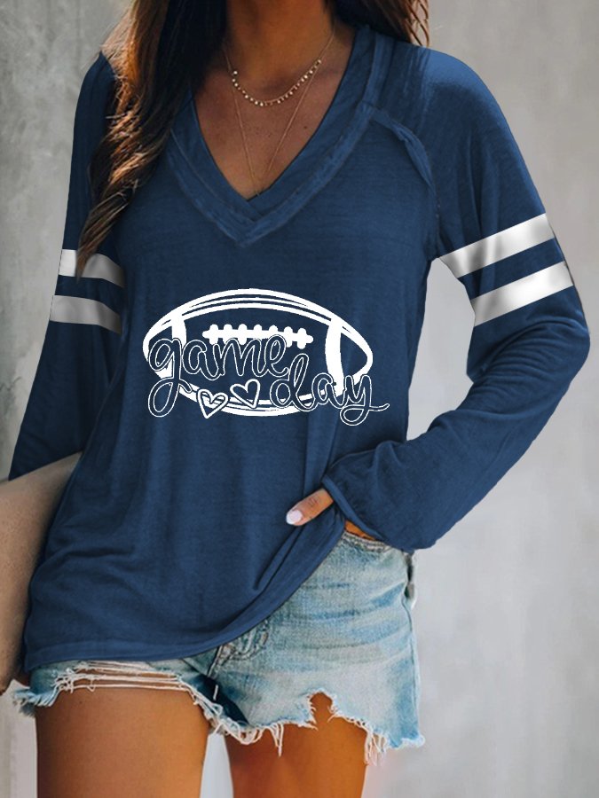 Game Day Print V-Neck Casual T-Shirt-colinskeirs