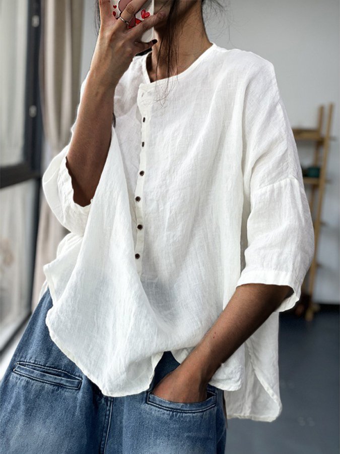 Women's Loose Casual Cotton Linen Shirt With Irregular Hem And Seven Point Sleeves-colinskeirs