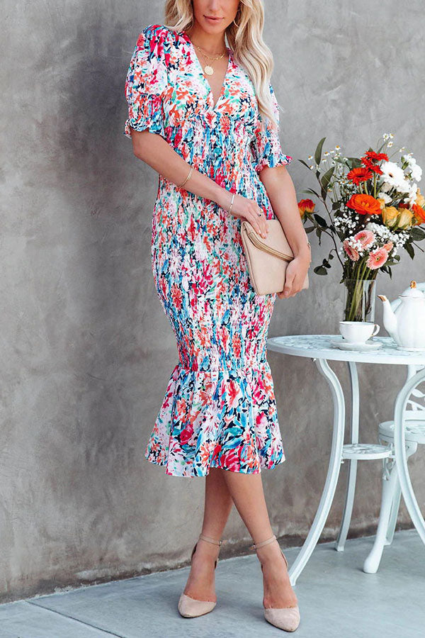 Trusting In You Printed Smocked Midi Dress