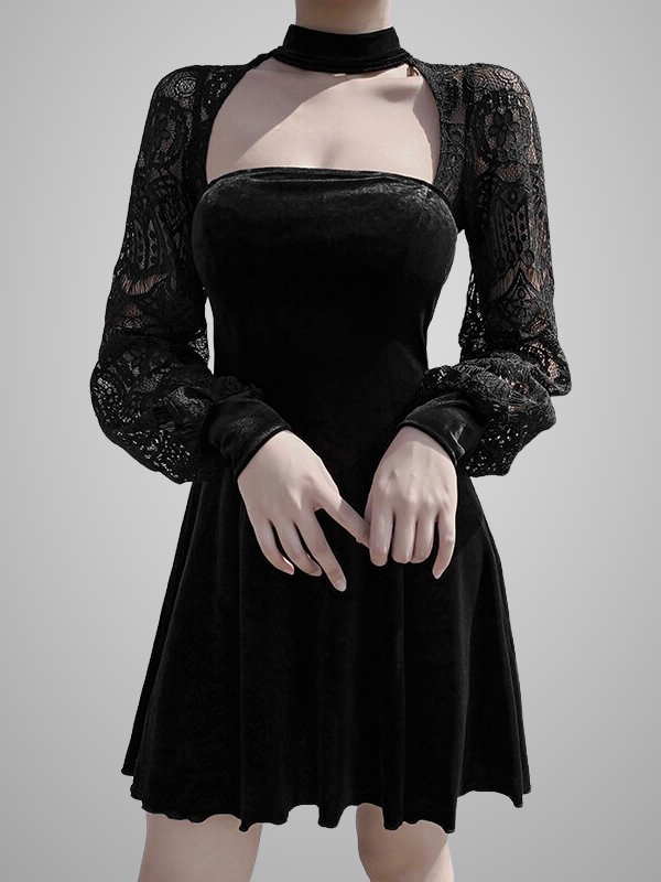Gothic Dark Hollow Out Velvet Lace Halter Dress