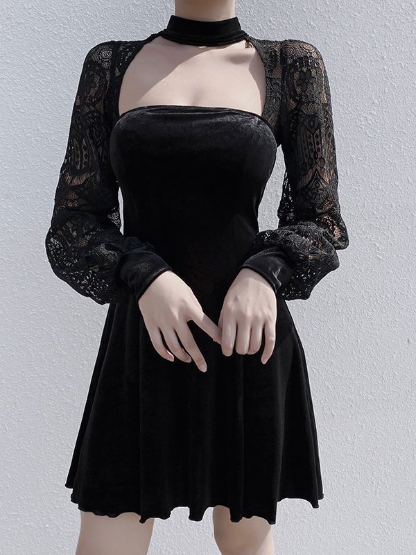 Gothic Dark Hollow Out Velvet Lace Halter Dress